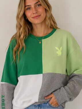 Playboy Colorblock Oversized Crewneck Sweatshirt Green Grey White Size Small